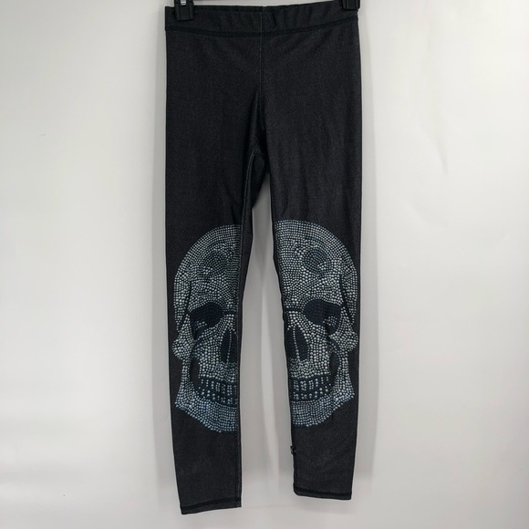 ZARA TEREZ Crystal Skull Leggings Stretch Halloween Pant S Small Grey Black - Picture 2 of 7